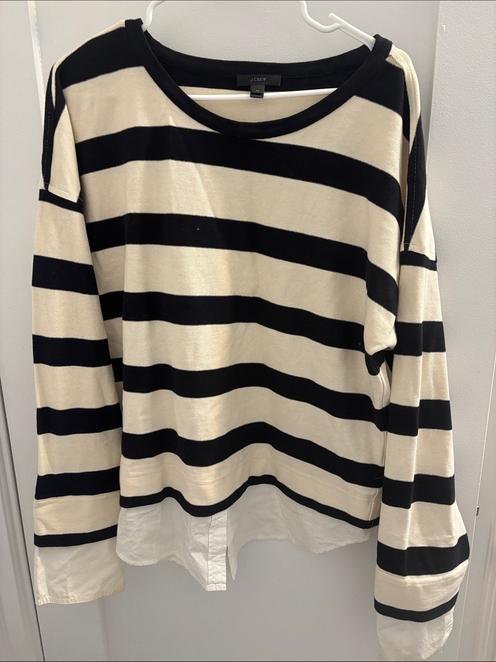 J. Crew Black and Cream Striped Long Sleeve Top with Shirt-Hem Detail